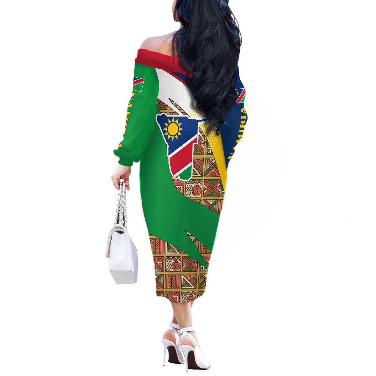 Namibia Map Off The Shoulder Long Sleeve Dress National Emblem & Cultural Motif Design