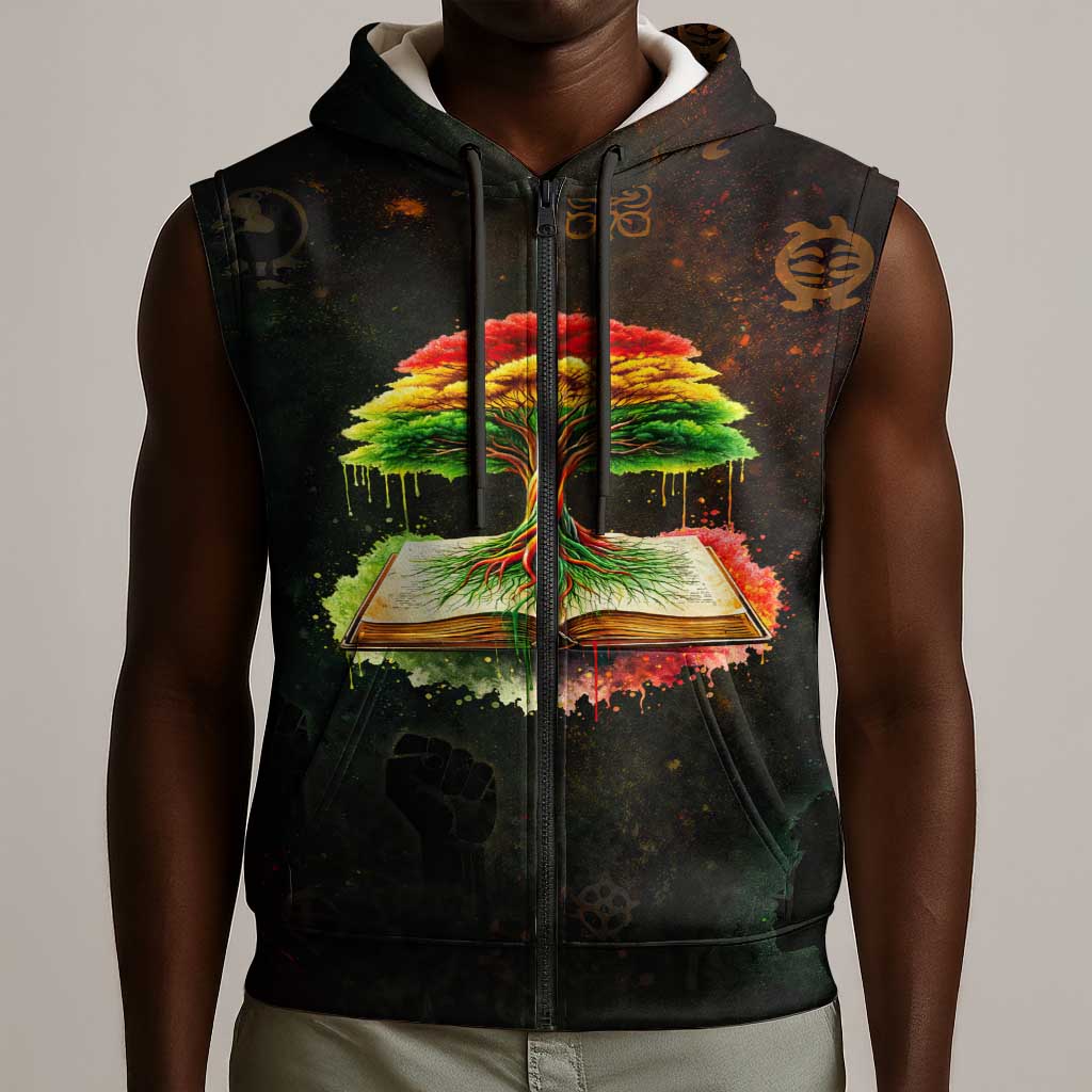 Black History Tree of Knowledge Sleeveless Zip Hoodie Pan-African Afrocentric Drip Art Illustration