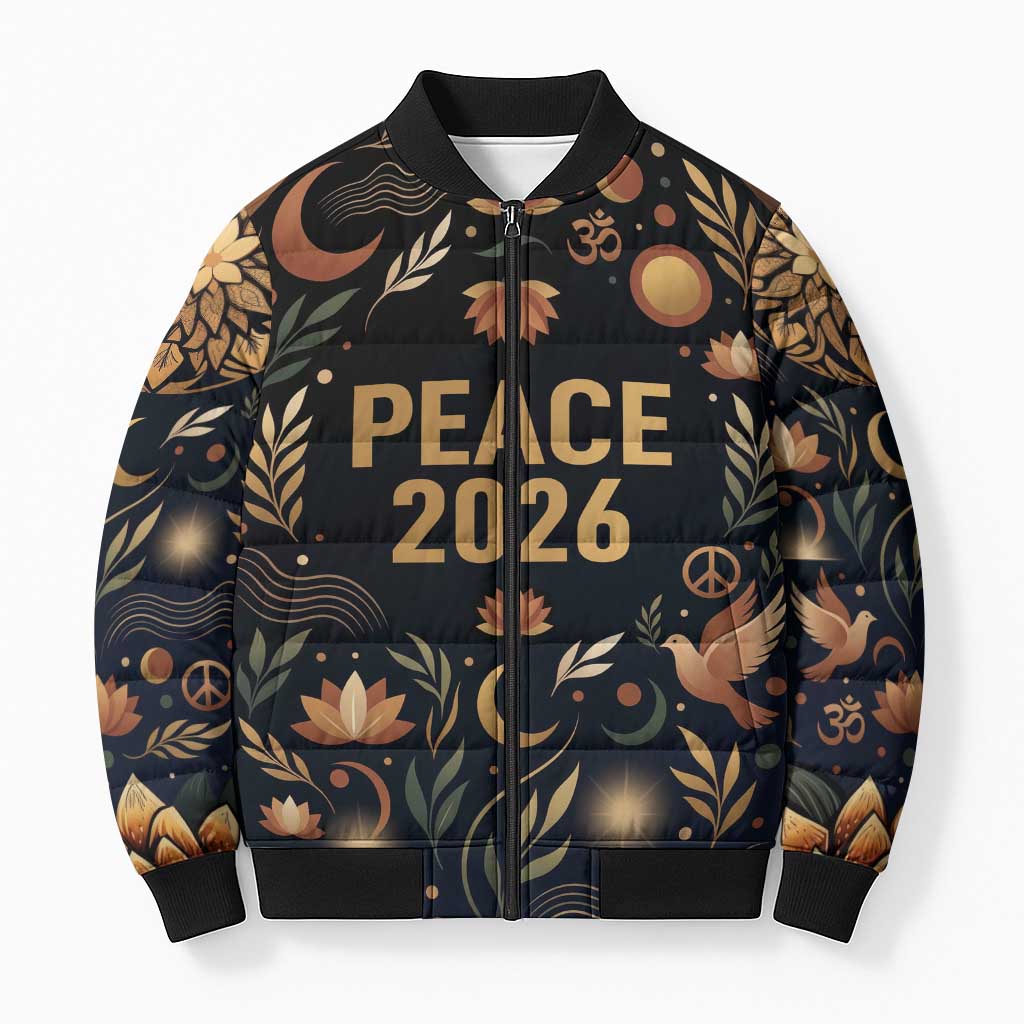 Peace 2026 Spiritual Harmony Bomber Puffer Jacket Bohemian Celestial Mandala Illustration