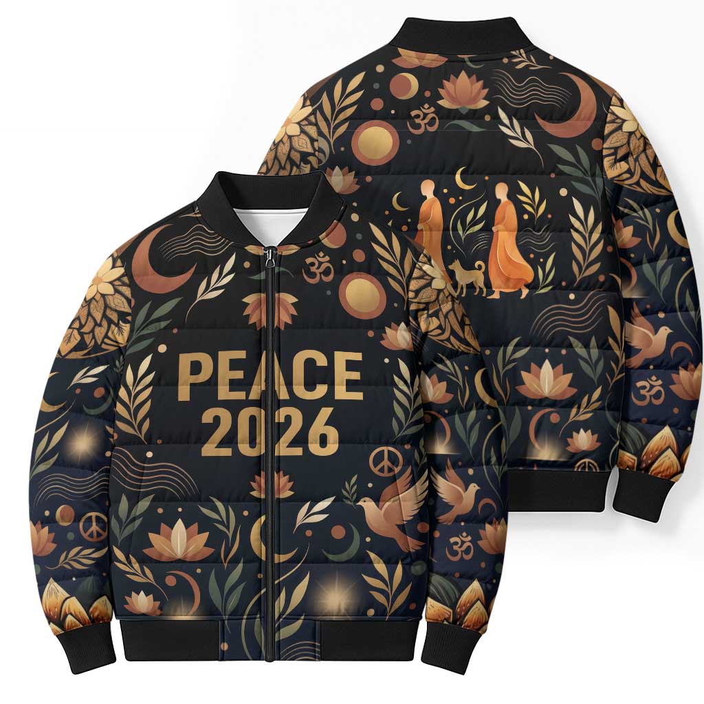 Peace 2026 Spiritual Harmony Bomber Puffer Jacket Bohemian Celestial Mandala Illustration