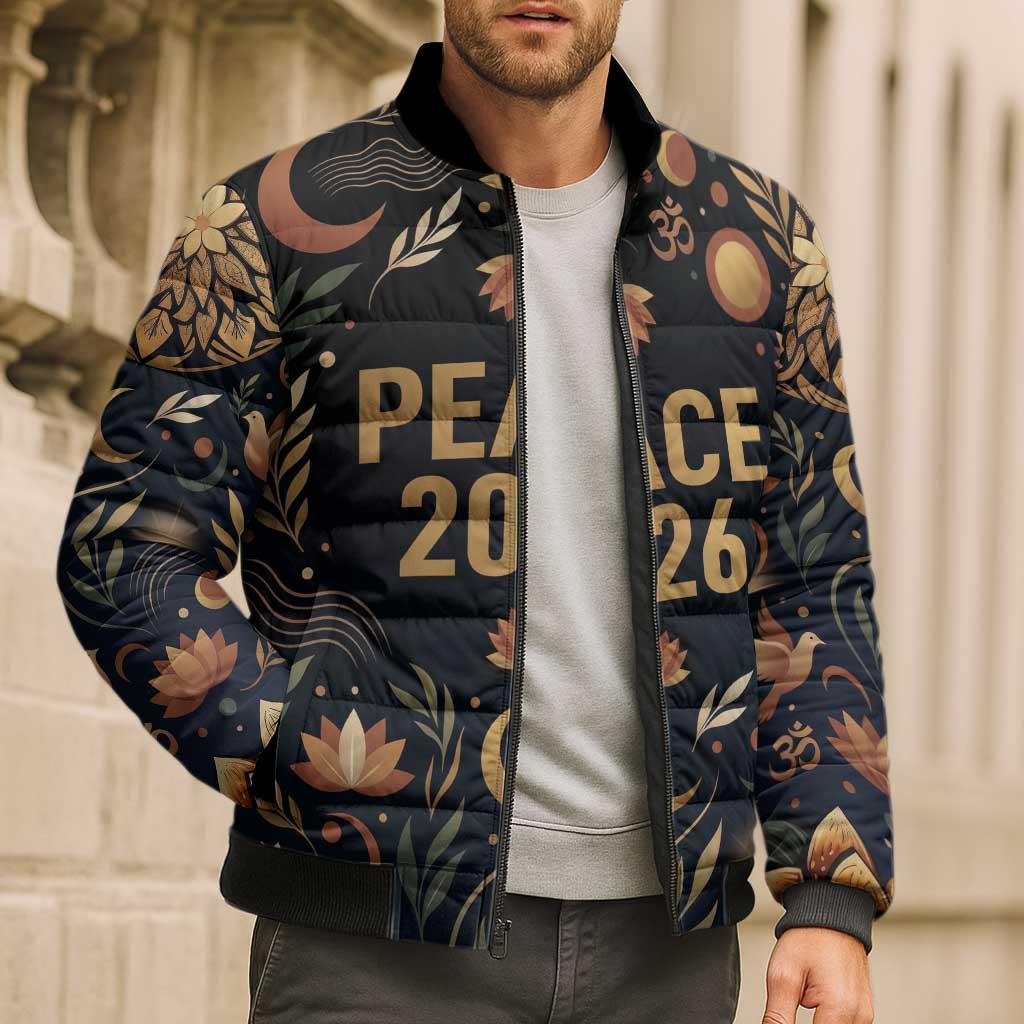 Peace 2026 Spiritual Harmony Bomber Puffer Jacket Bohemian Celestial Mandala Illustration