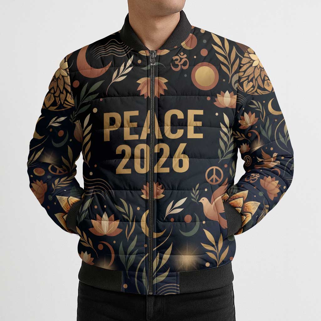Peace 2026 Spiritual Harmony Bomber Puffer Jacket Bohemian Celestial Mandala Illustration