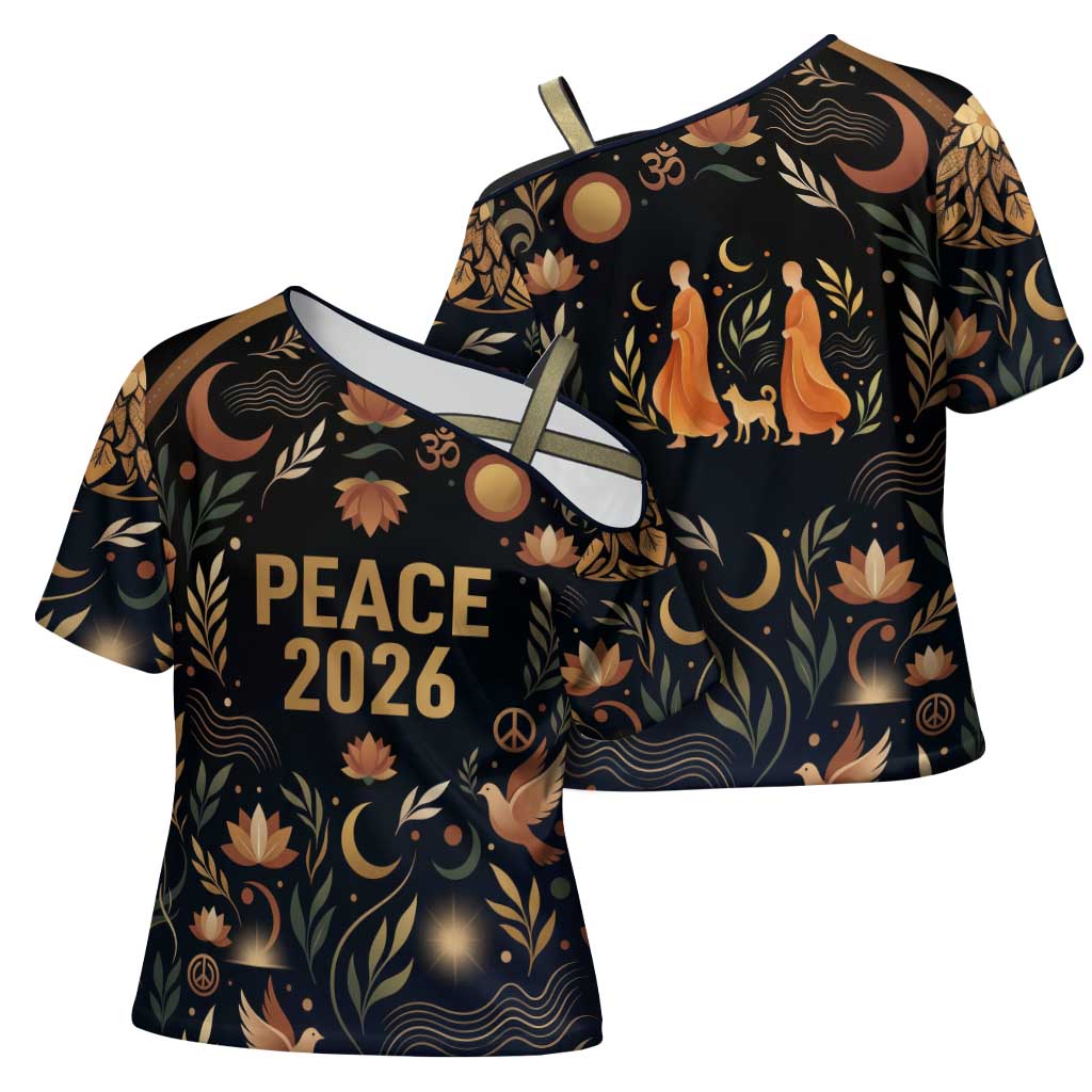 Peace 2026 Spiritual Harmony Cross Shoulder Shirt Bohemian Celestial Mandala Illustration