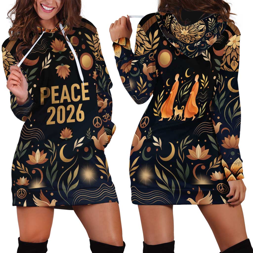 Peace 2026 Spiritual Harmony Hoodie Dress Bohemian Celestial Mandala Illustration
