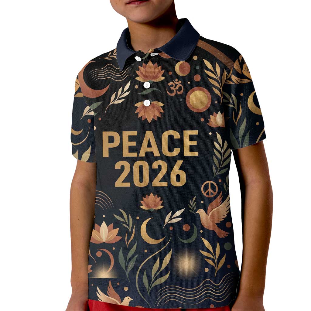 Peace 2026 Spiritual Harmony Kid Polo Shirt Bohemian Celestial Mandala Illustration