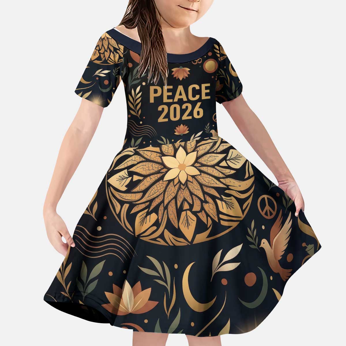 Peace 2026 Spiritual Harmony Kid Short Sleeve Dress Bohemian Celestial Mandala Illustration
