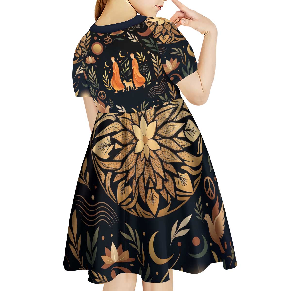 Peace 2026 Spiritual Harmony Kid Short Sleeve Dress Bohemian Celestial Mandala Illustration