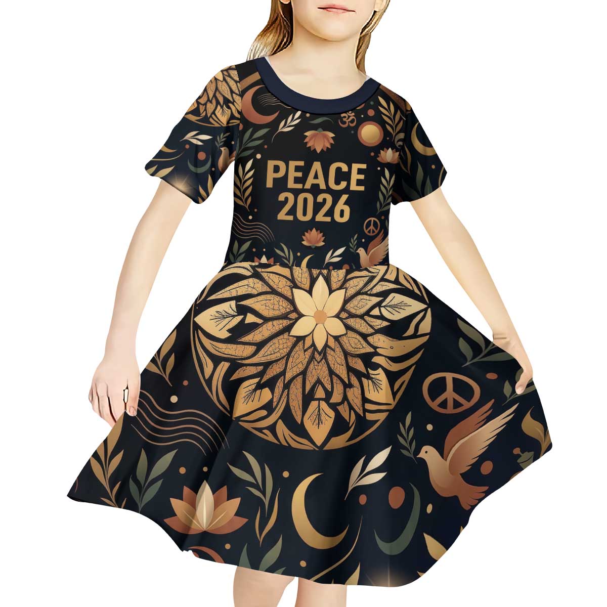 Peace 2026 Spiritual Harmony Kid Short Sleeve Dress Bohemian Celestial Mandala Illustration