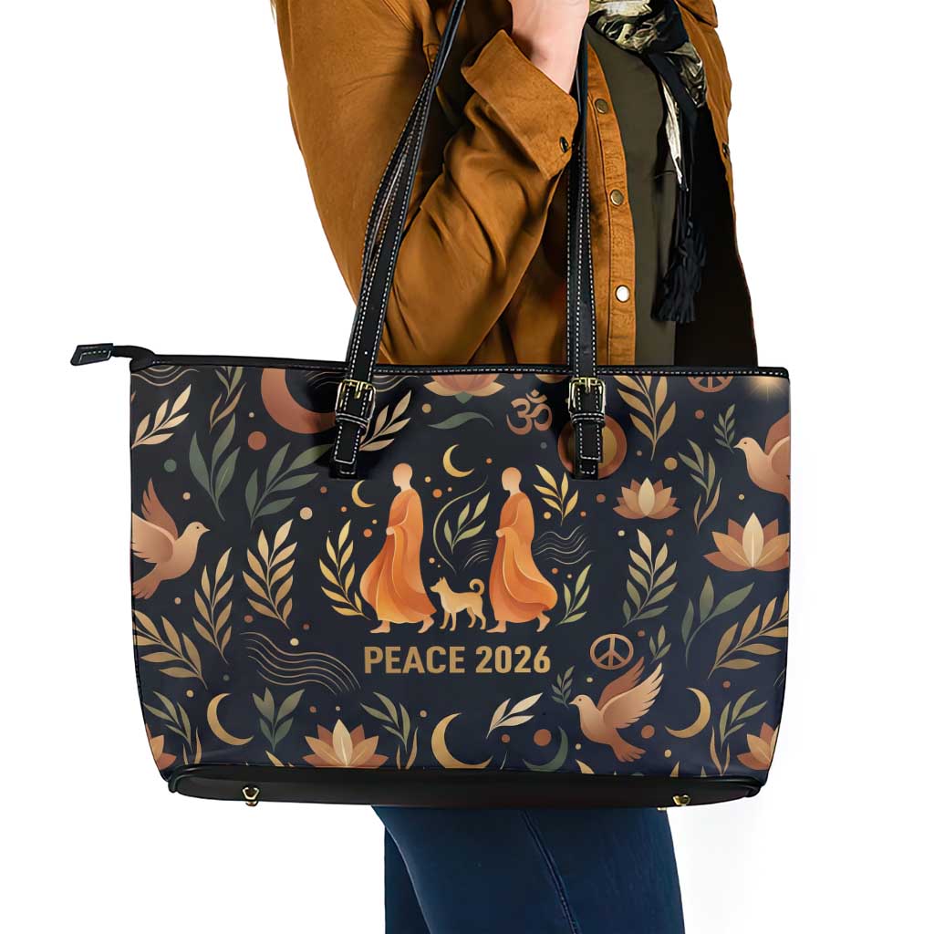 Peace 2026 Spiritual Harmony Leather Tote Bag Bohemian Celestial Mandala Illustration
