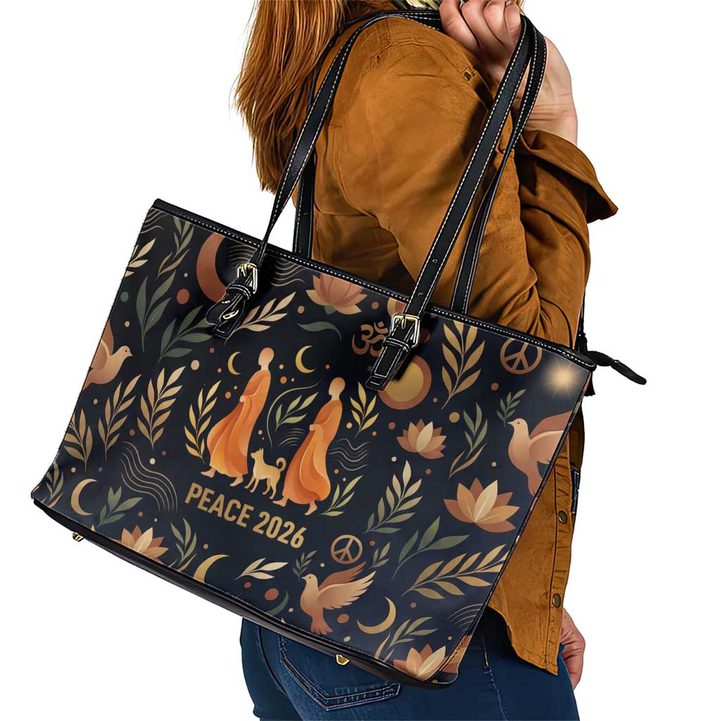 Peace 2026 Spiritual Harmony Leather Tote Bag Bohemian Celestial Mandala Illustration