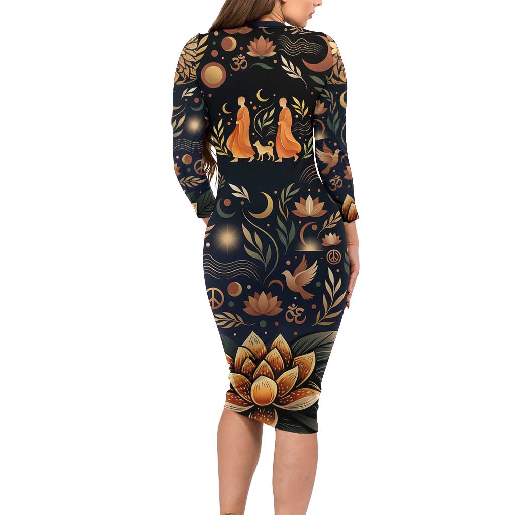Peace 2026 Spiritual Harmony Long Sleeve Bodycon Dress Bohemian Celestial Mandala Illustration