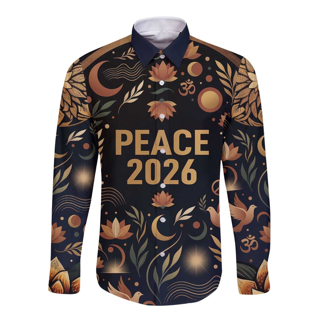 Peace 2026 Spiritual Harmony Long Sleeve Button Shirt Bohemian Celestial Mandala Illustration