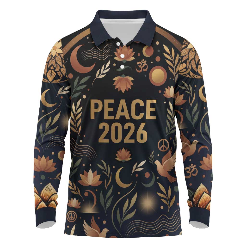 Peace 2026 Spiritual Harmony Long Sleeve Polo Shirt Bohemian Celestial Mandala Illustration