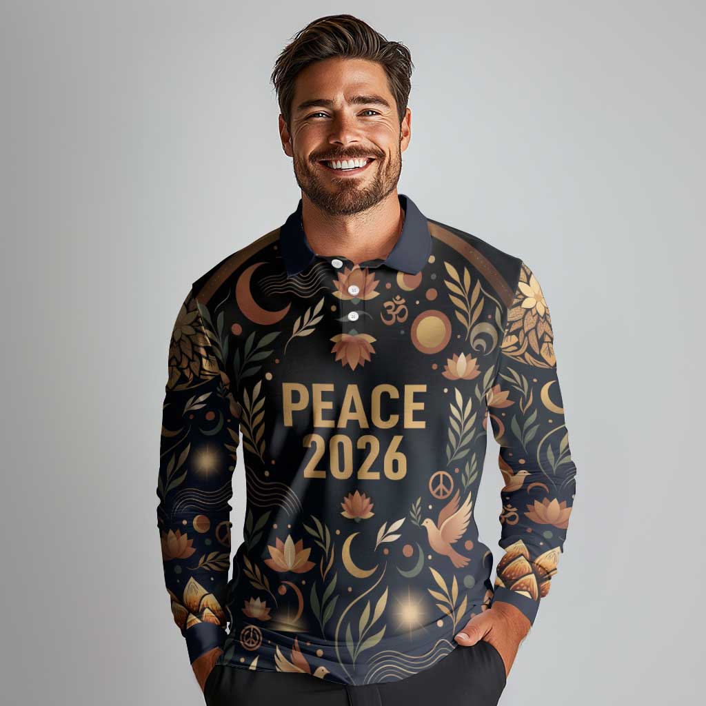 Peace 2026 Spiritual Harmony Long Sleeve Polo Shirt Bohemian Celestial Mandala Illustration