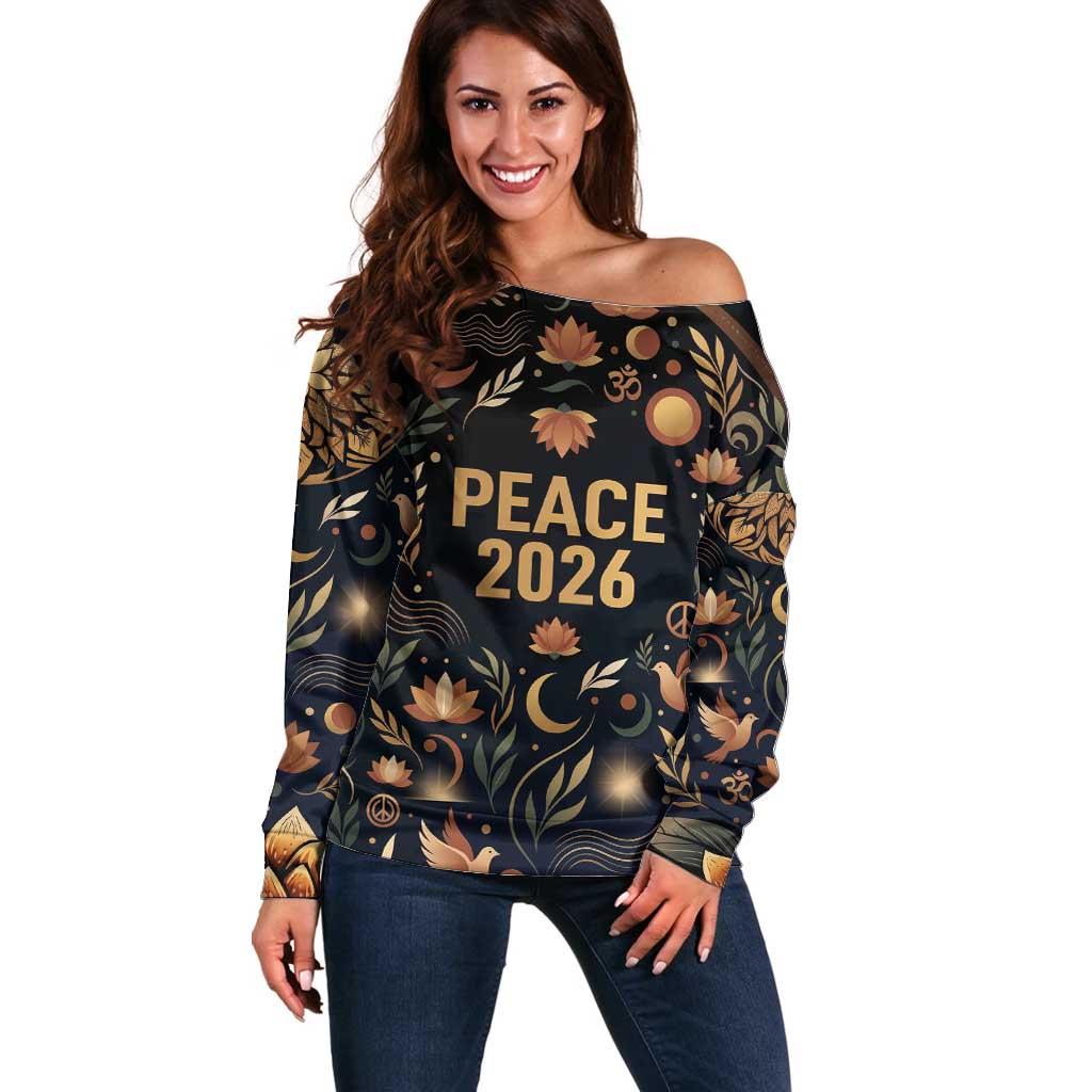 Peace 2026 Spiritual Harmony Off Shoulder Sweater Bohemian Celestial Mandala Illustration