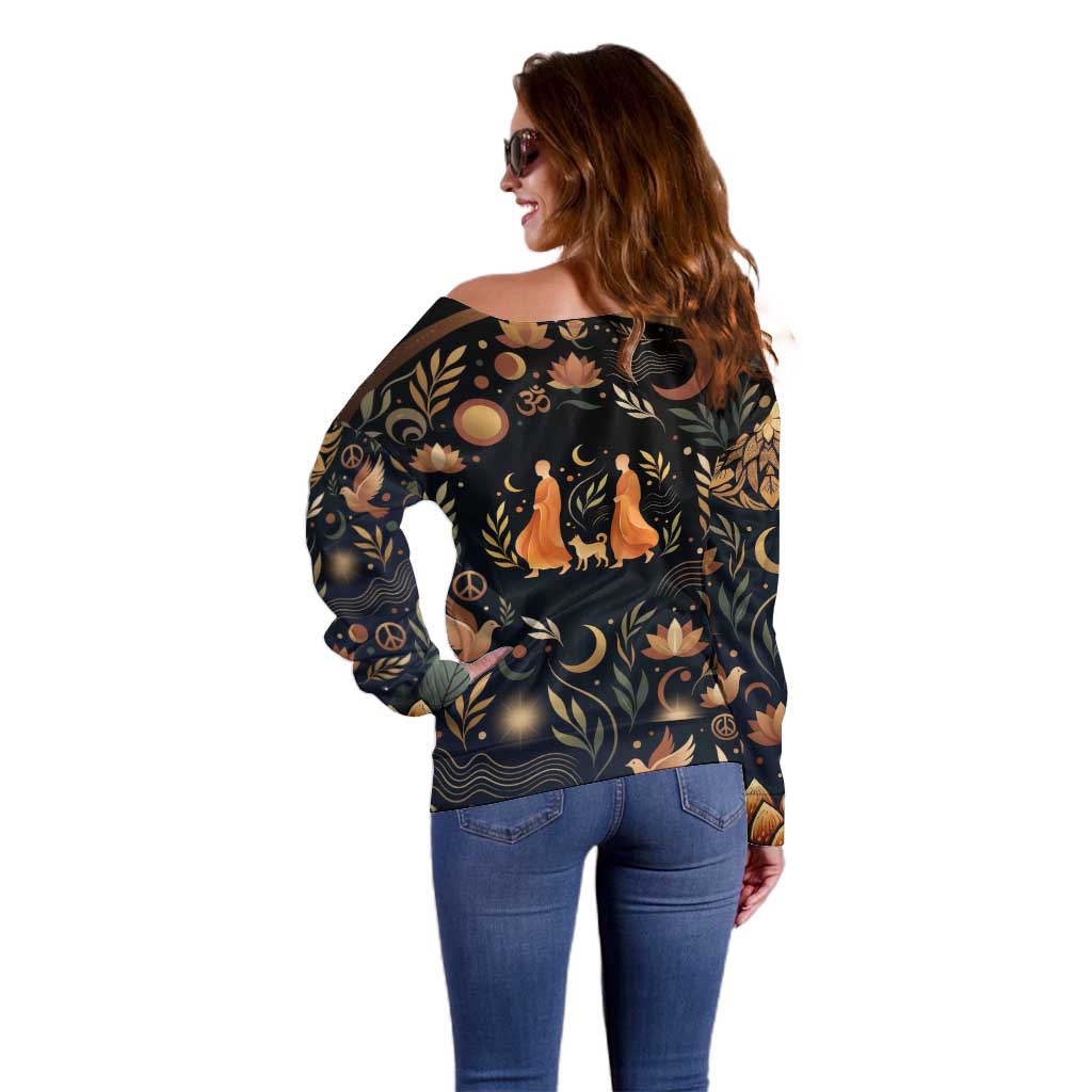 Peace 2026 Spiritual Harmony Off Shoulder Sweater Bohemian Celestial Mandala Illustration