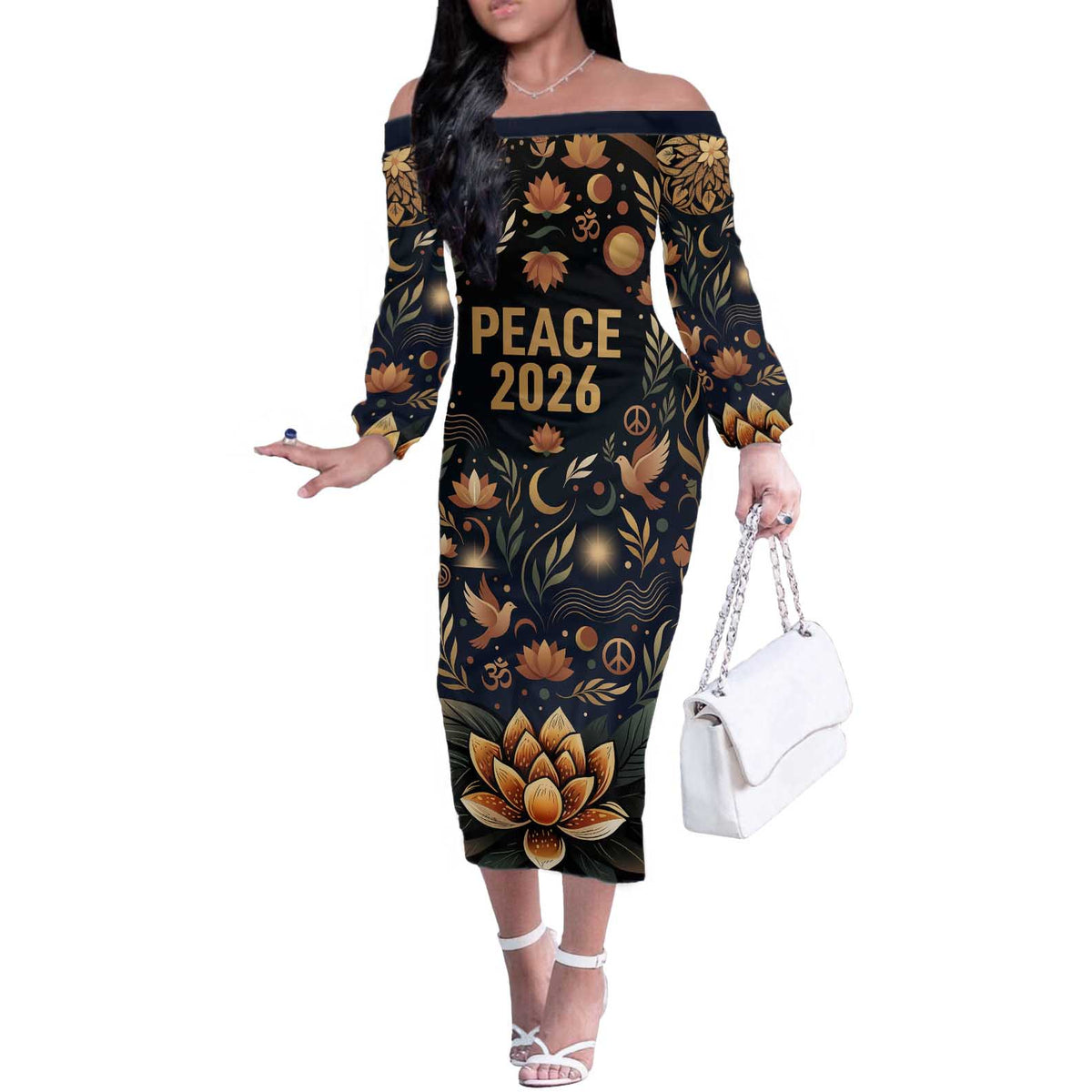 Peace 2026 Spiritual Harmony Off The Shoulder Long Sleeve Dress Bohemian Celestial Mandala Illustration