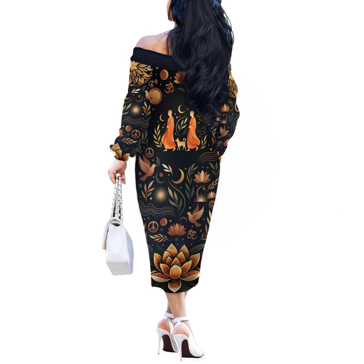 Peace 2026 Spiritual Harmony Off The Shoulder Long Sleeve Dress Bohemian Celestial Mandala Illustration