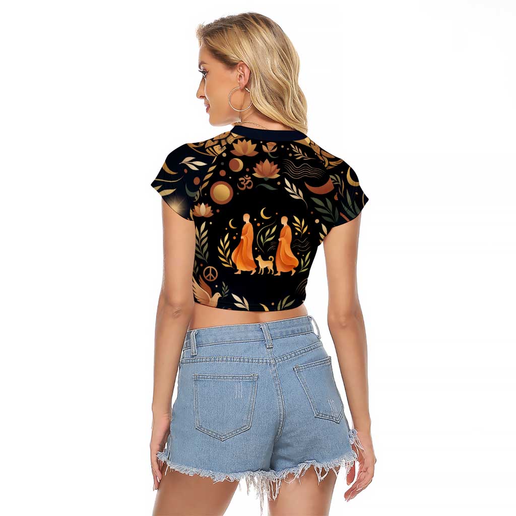 Peace 2026 Spiritual Harmony Raglan Cropped T Shirt Bohemian Celestial Mandala Illustration