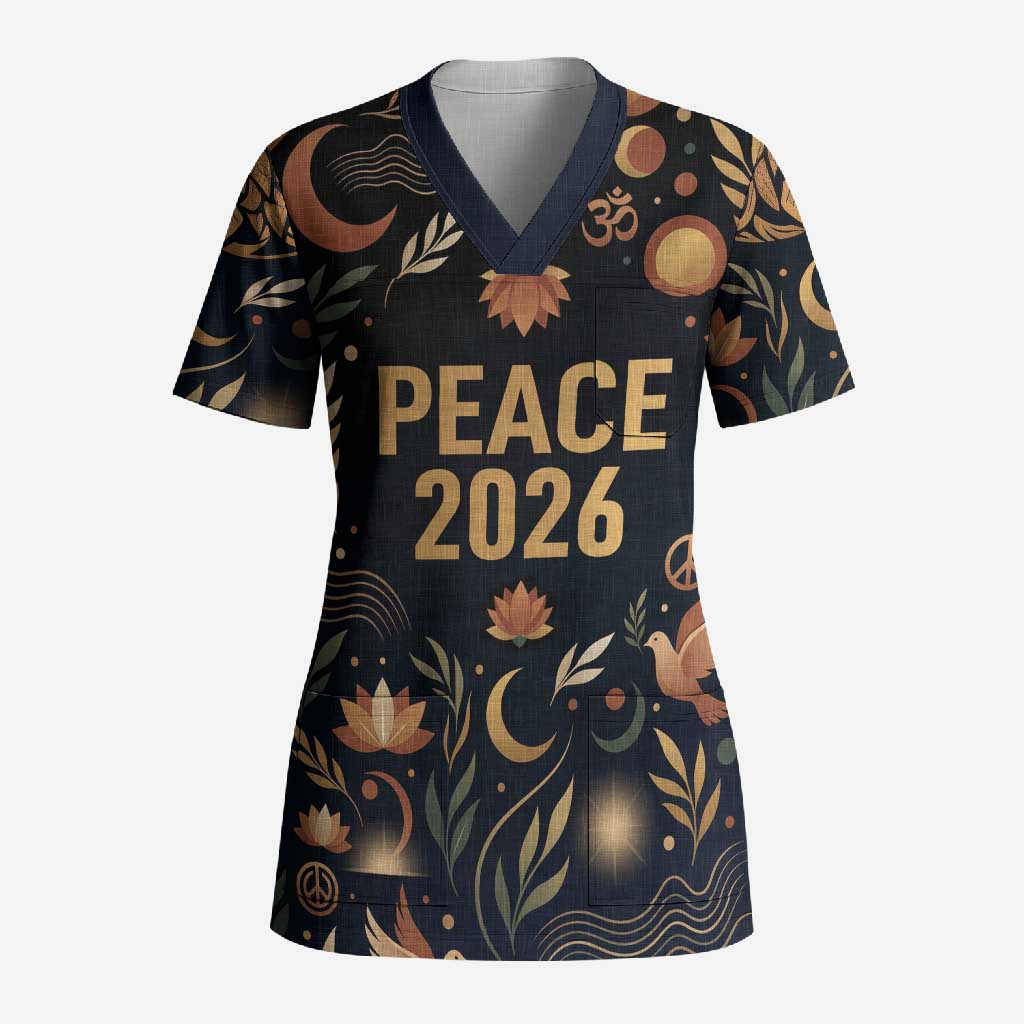 Peace 2026 Spiritual Harmony Scrub Top Bohemian Celestial Mandala Illustration