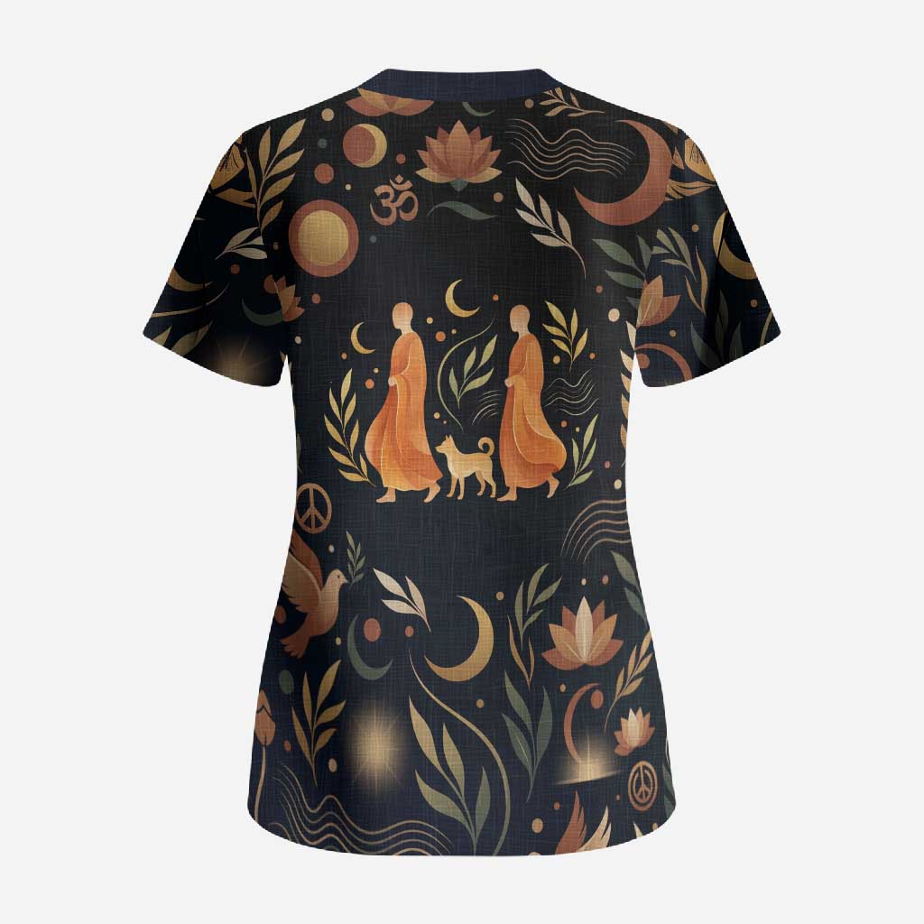 Peace 2026 Spiritual Harmony Scrub Top Bohemian Celestial Mandala Illustration