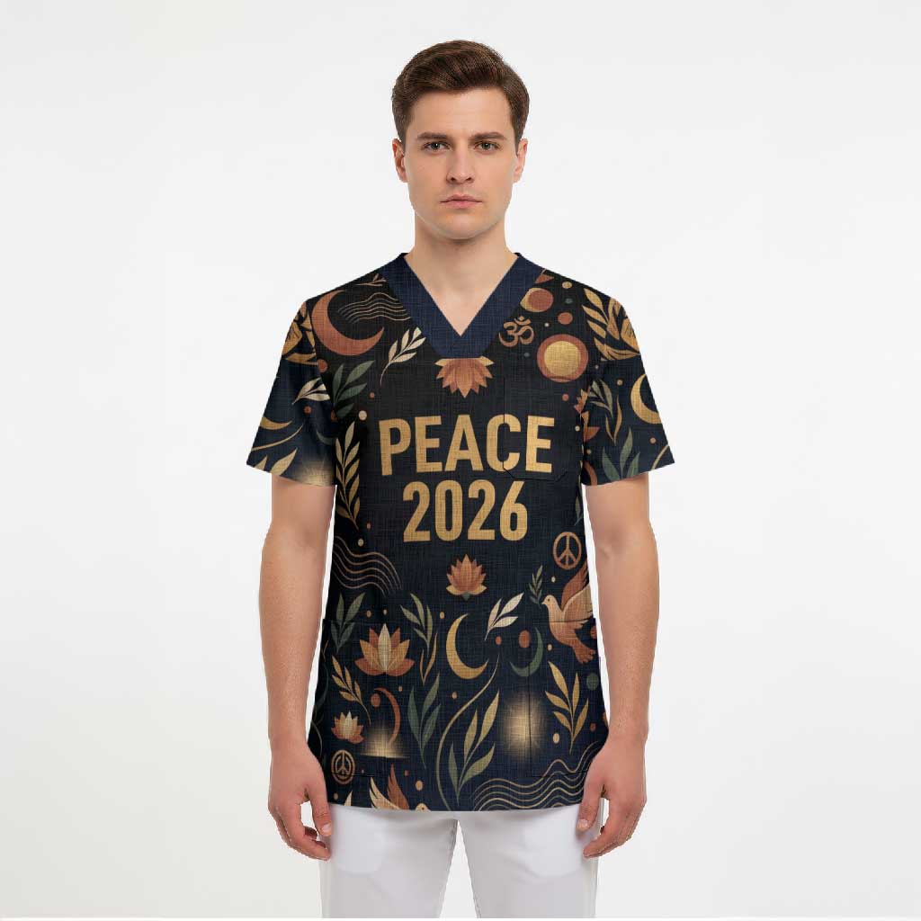 Peace 2026 Spiritual Harmony Scrub Top Bohemian Celestial Mandala Illustration