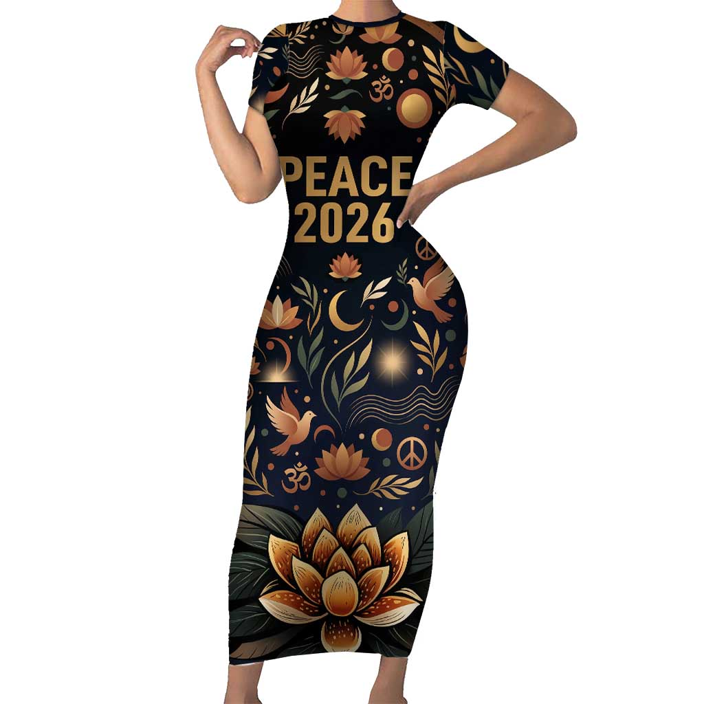 Peace 2026 Spiritual Harmony Short Sleeve Bodycon Dress Bohemian Celestial Mandala Illustration