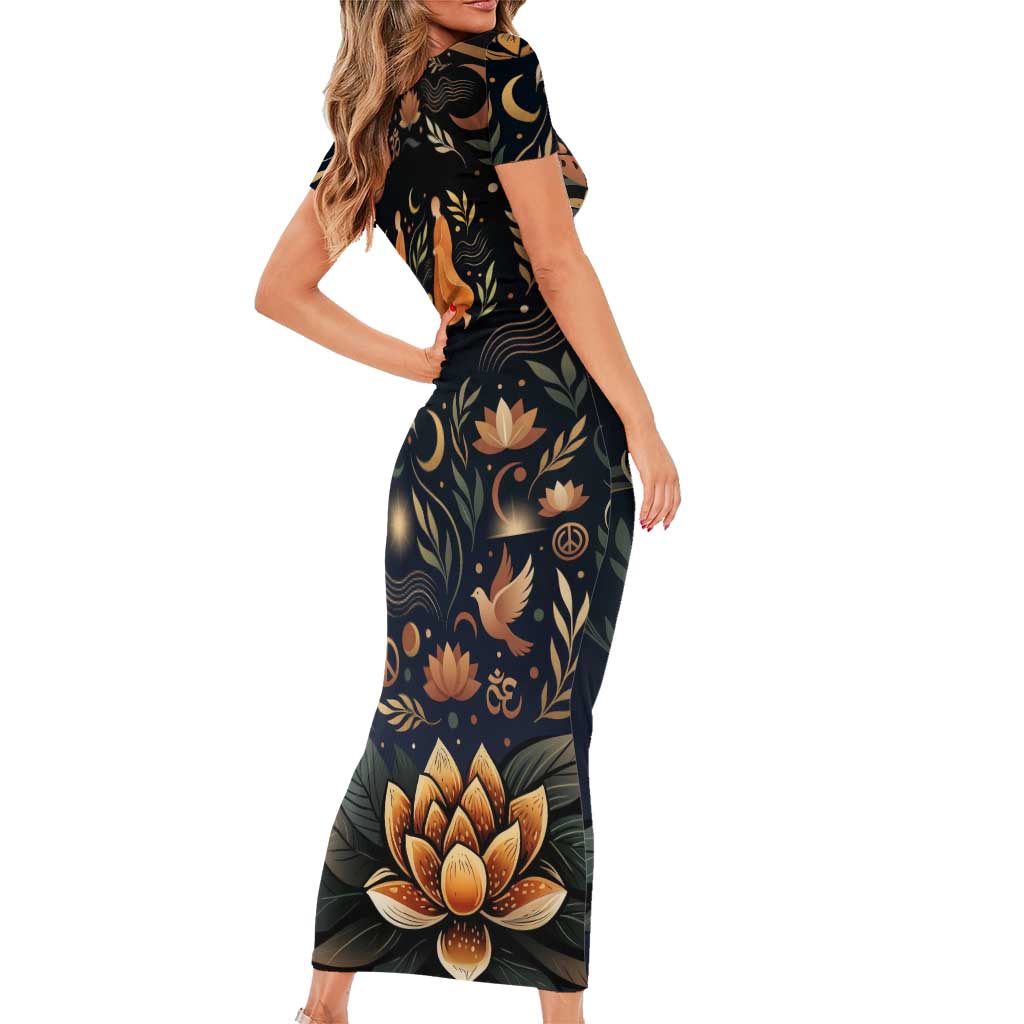 Peace 2026 Spiritual Harmony Short Sleeve Bodycon Dress Bohemian Celestial Mandala Illustration