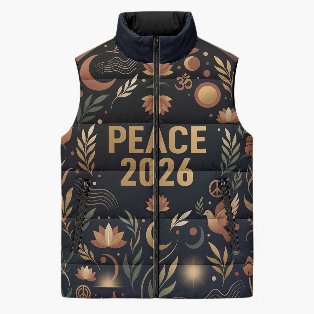 Peace 2026 Spiritual Harmony Sleeveless Puffer Jacket Bohemian Celestial Mandala Illustration