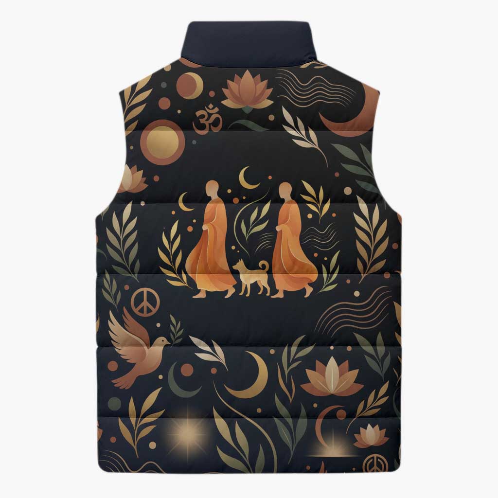 Peace 2026 Spiritual Harmony Sleeveless Puffer Jacket Bohemian Celestial Mandala Illustration