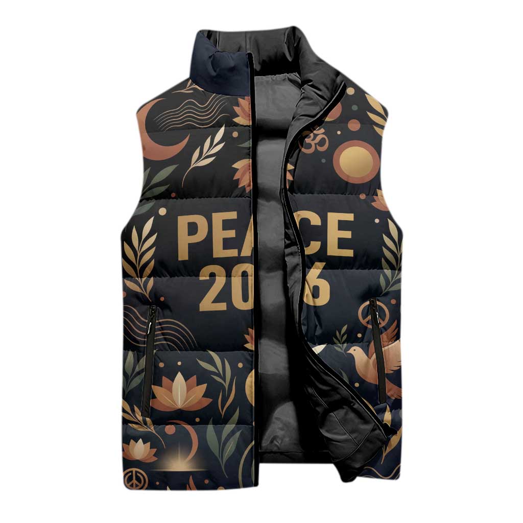Peace 2026 Spiritual Harmony Sleeveless Puffer Jacket Bohemian Celestial Mandala Illustration
