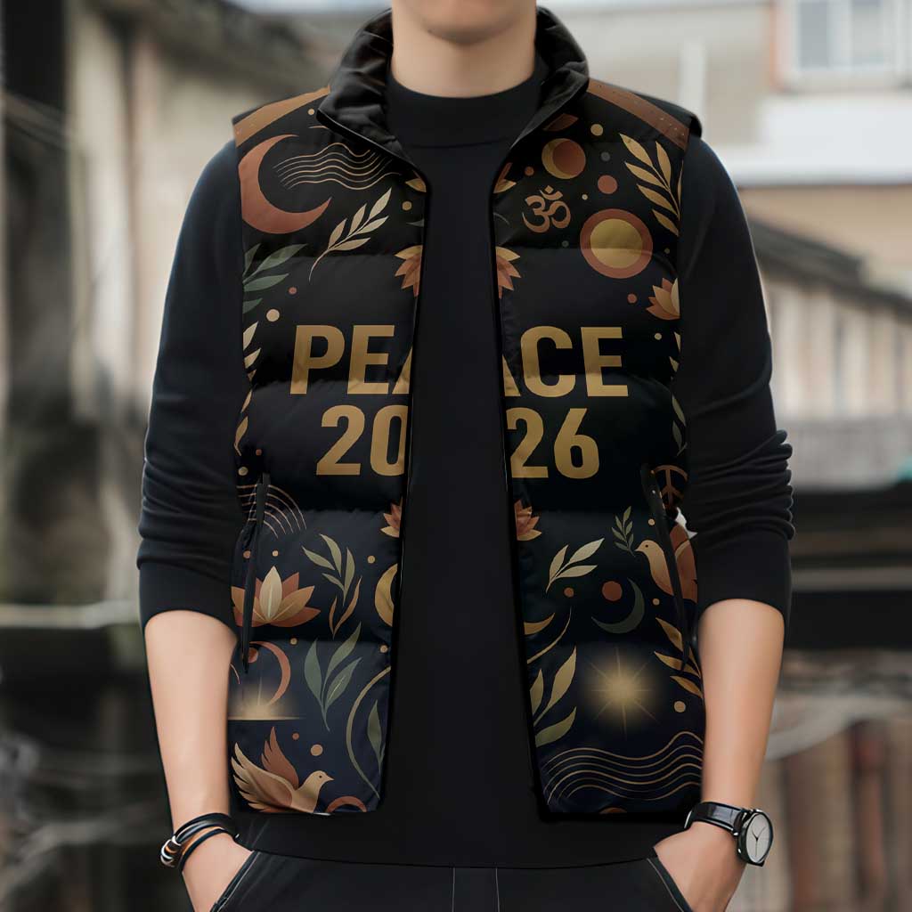 Peace 2026 Spiritual Harmony Sleeveless Puffer Jacket Bohemian Celestial Mandala Illustration