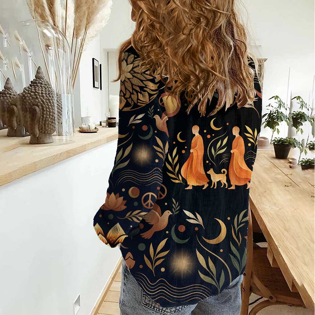 Peace 2026 Spiritual Harmony Women Casual Shirt Bohemian Celestial Mandala Illustration