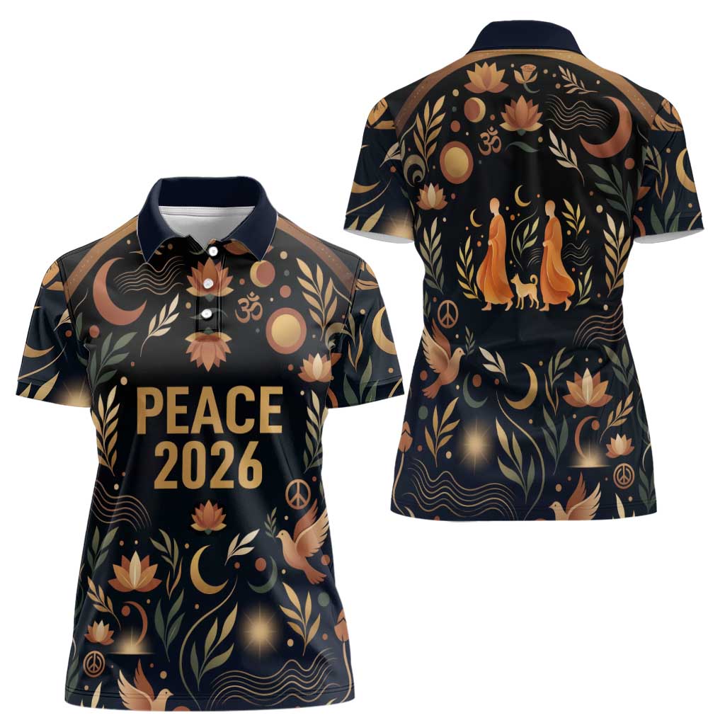 Peace 2026 Spiritual Harmony Women Polo Shirt Bohemian Celestial Mandala Illustration