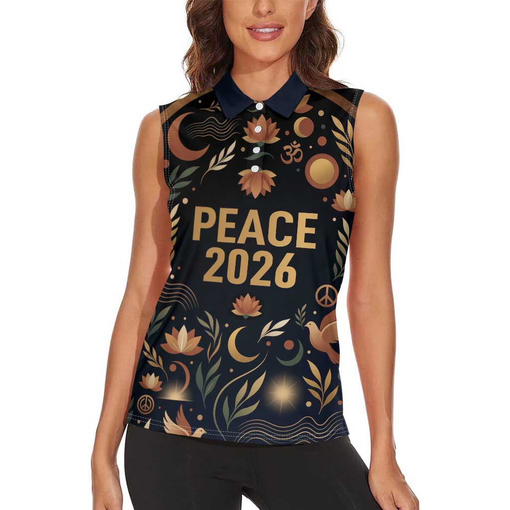 Peace 2026 Spiritual Harmony Women Sleeveless Polo Shirt Bohemian Celestial Mandala Illustration