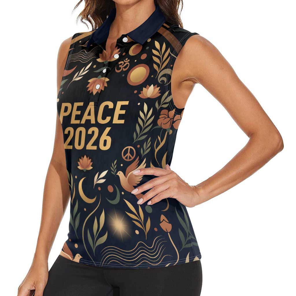 Peace 2026 Spiritual Harmony Women Sleeveless Polo Shirt Bohemian Celestial Mandala Illustration