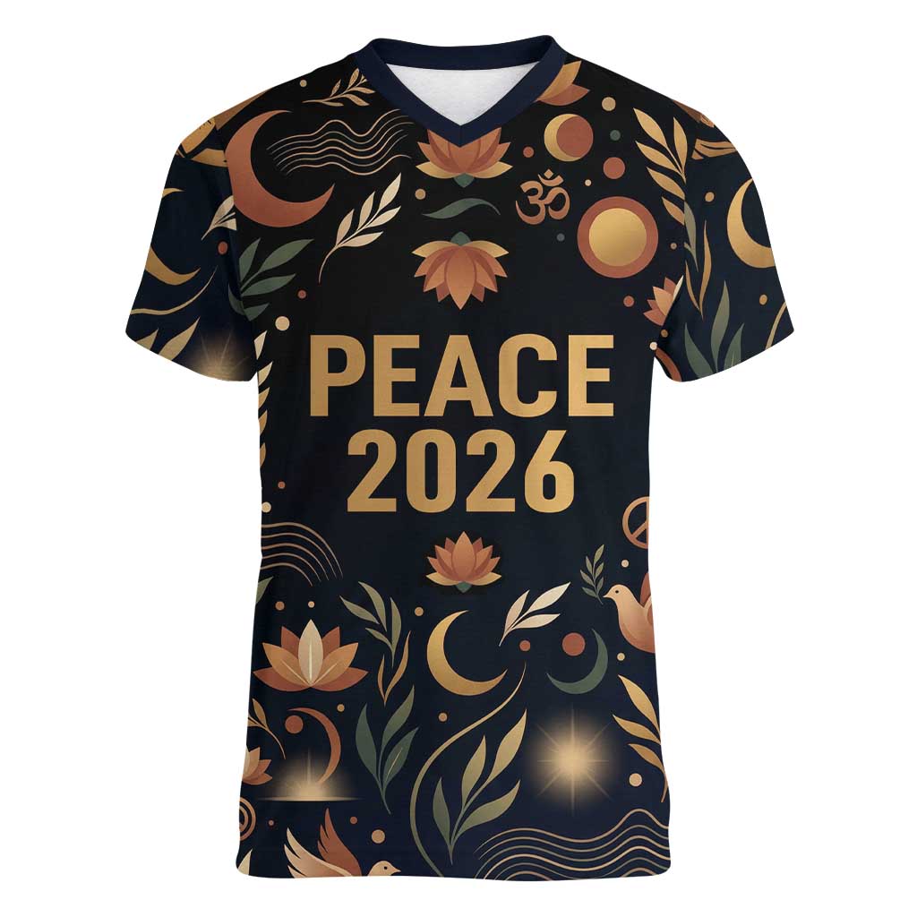 Peace 2026 Spiritual Harmony Women V-Neck T-Shirt Bohemian Celestial Mandala Illustration