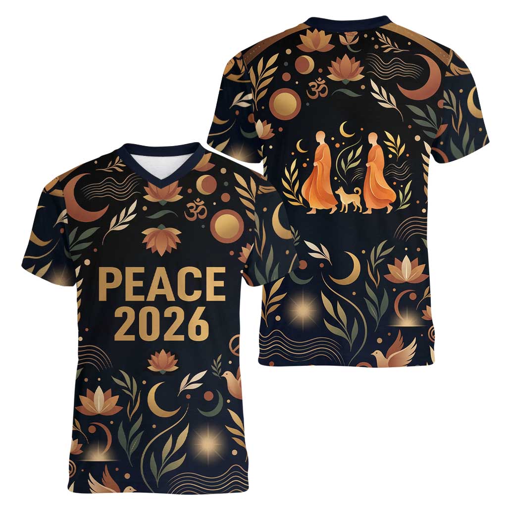 Peace 2026 Spiritual Harmony Women V-Neck T-Shirt Bohemian Celestial Mandala Illustration