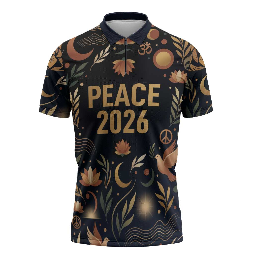 Peace 2026 Spiritual Harmony Zipper Polo Shirt Bohemian Celestial Mandala Illustration