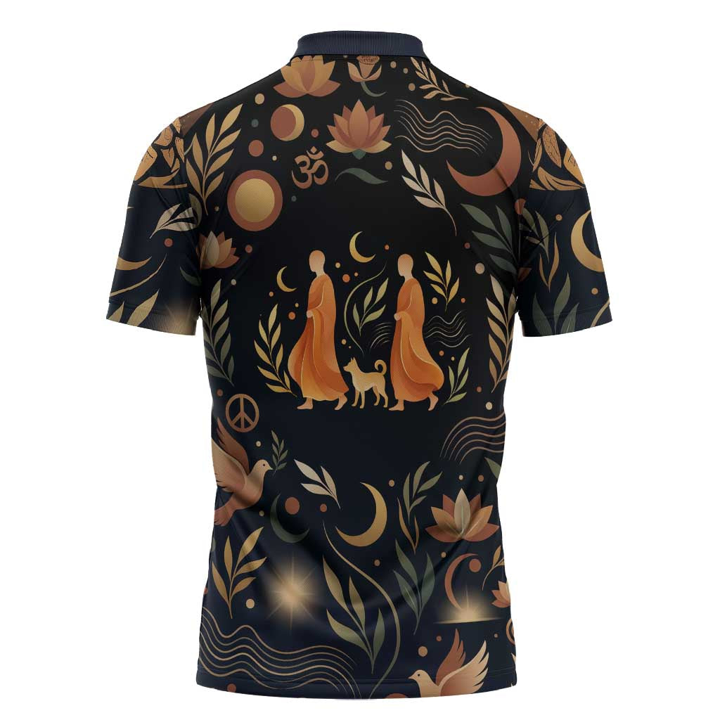 Peace 2026 Spiritual Harmony Zipper Polo Shirt Bohemian Celestial Mandala Illustration