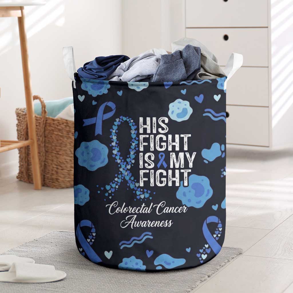 His Fight Is My Fight Colorectal Cancer Awareness Laundry Basket Blue Ribbon Heart Pattern Illustration