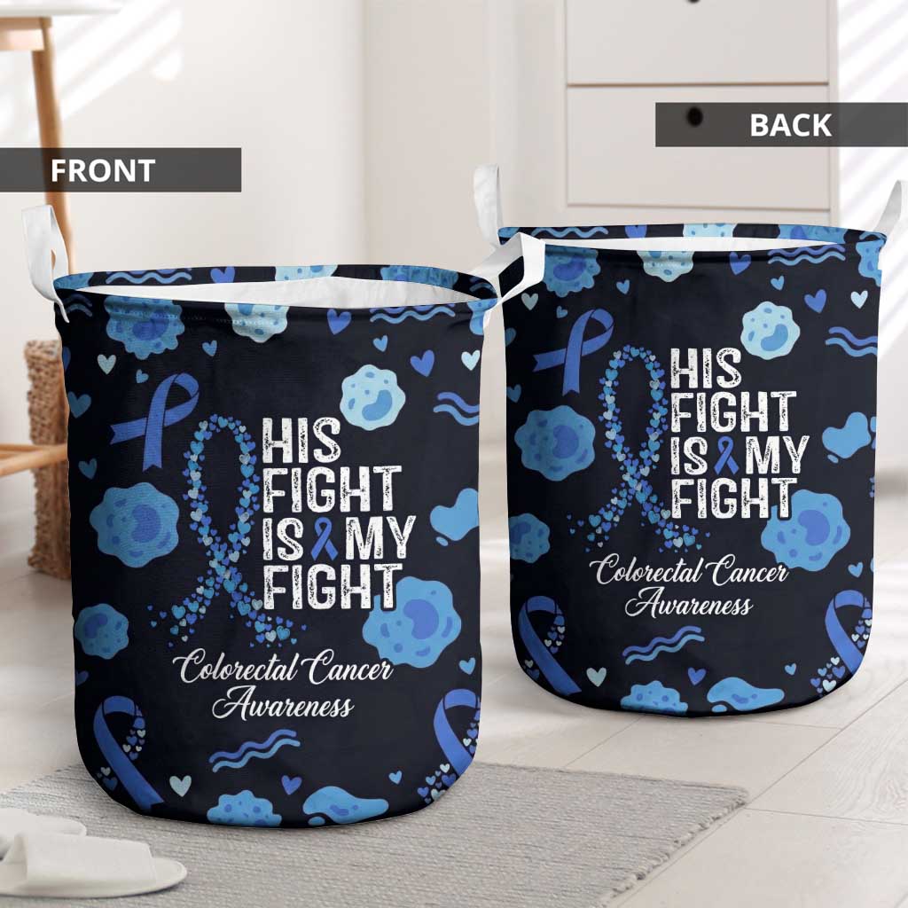 His Fight Is My Fight Colorectal Cancer Awareness Laundry Basket Blue Ribbon Heart Pattern Illustration