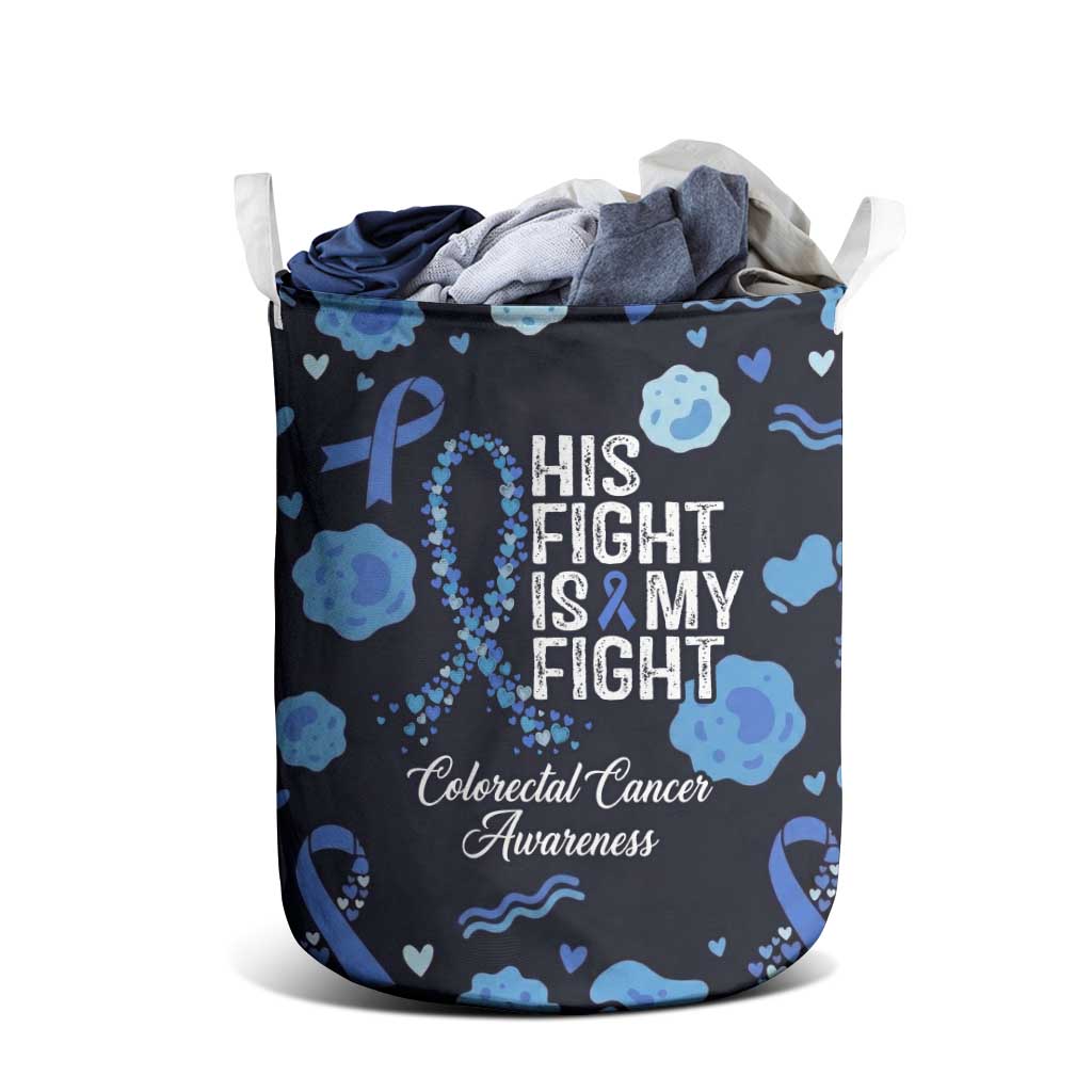 His Fight Is My Fight Colorectal Cancer Awareness Laundry Basket Blue Ribbon Heart Pattern Illustration
