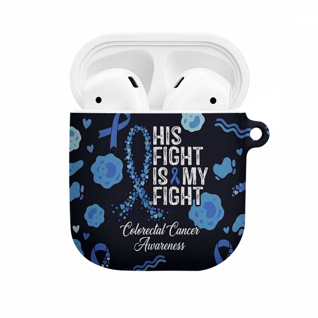 His Fight Is My Fight Colorectal Cancer Awareness AirPods Case Blue Ribbon Heart Pattern Illustration