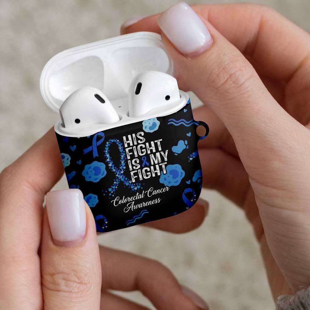 His Fight Is My Fight Colorectal Cancer Awareness AirPods Case Blue Ribbon Heart Pattern Illustration