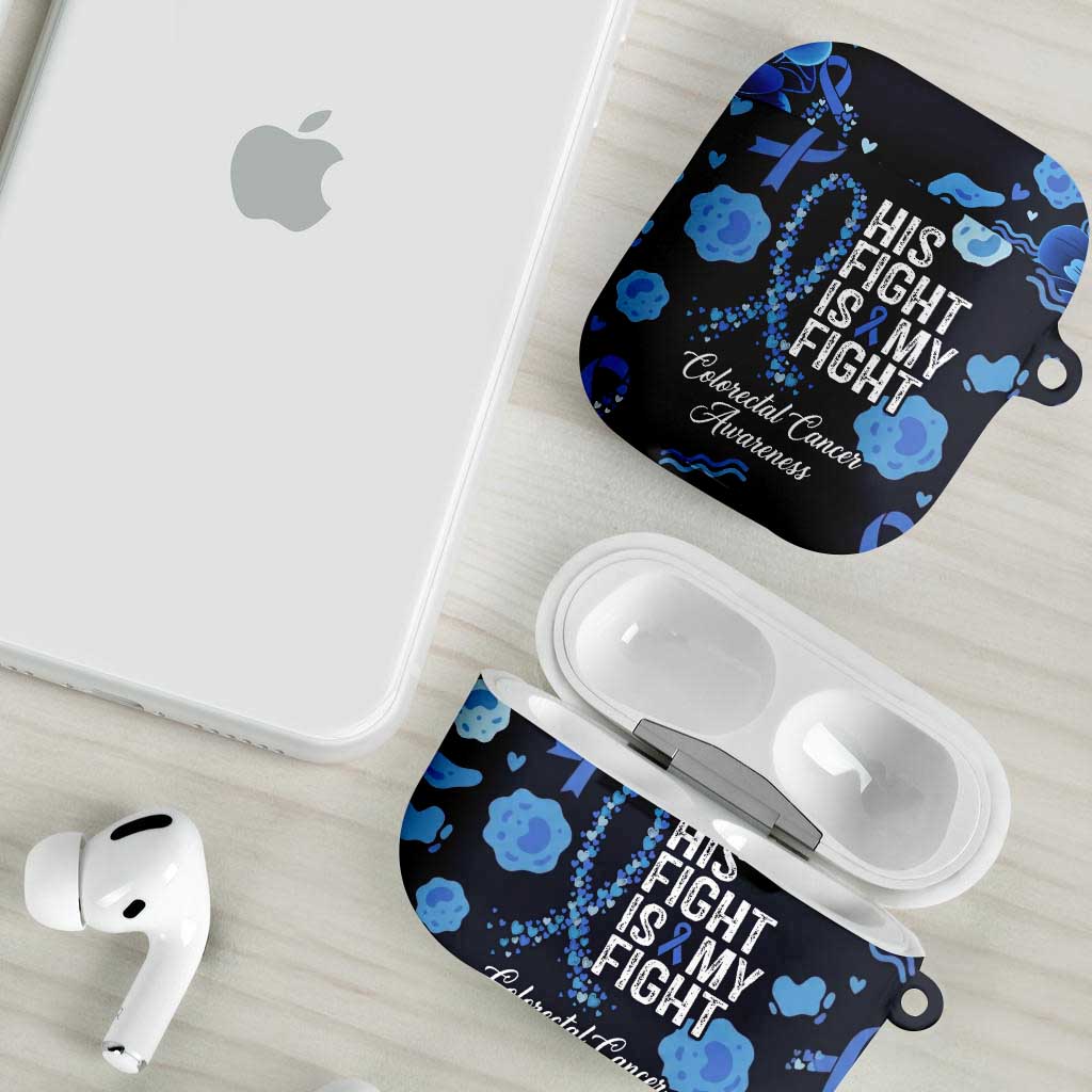 His Fight Is My Fight Colorectal Cancer Awareness AirPods Case Blue Ribbon Heart Pattern Illustration