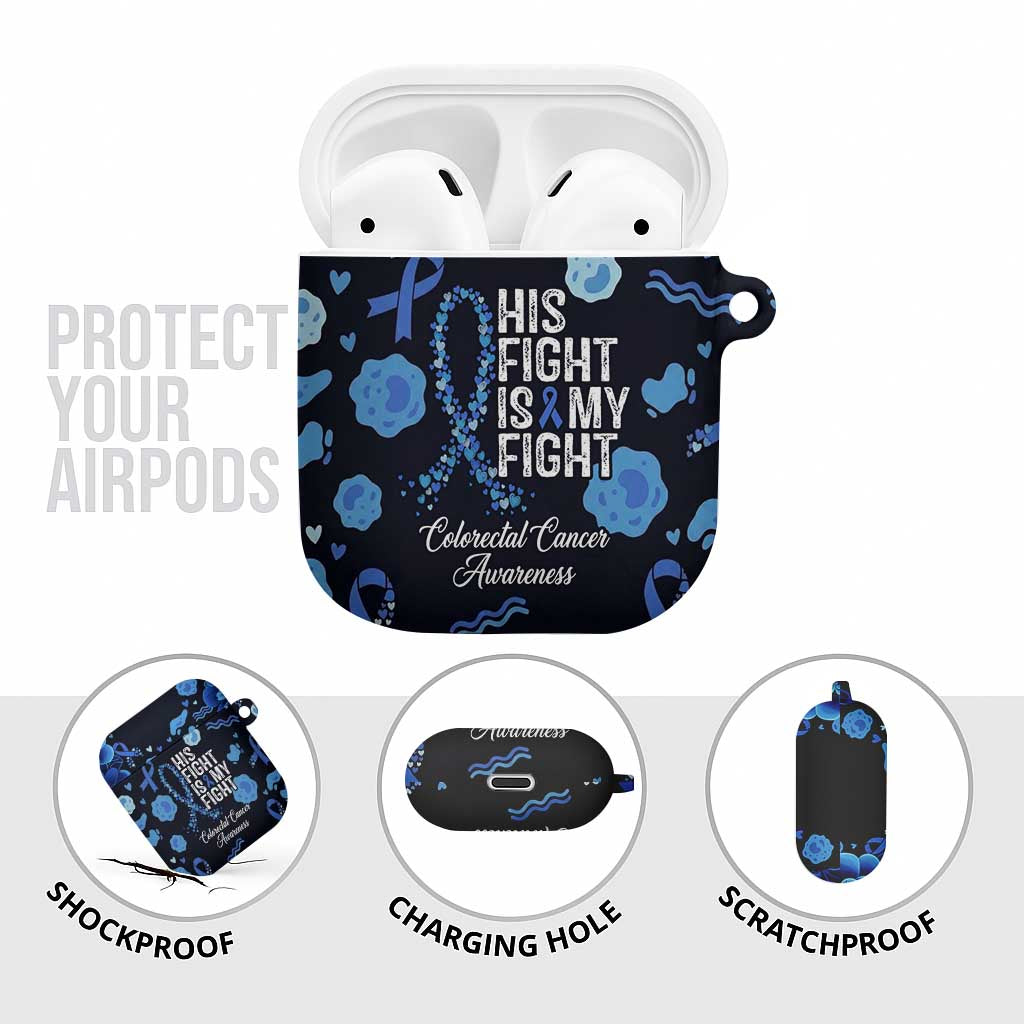His Fight Is My Fight Colorectal Cancer Awareness AirPods Case Blue Ribbon Heart Pattern Illustration