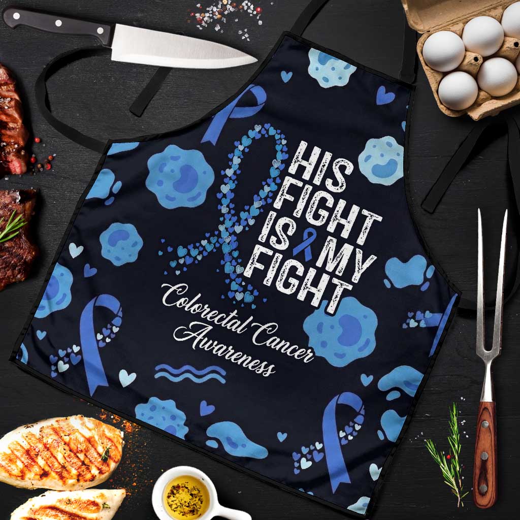 His Fight Is My Fight Colorectal Cancer Awareness Apron Blue Ribbon Heart Pattern Illustration