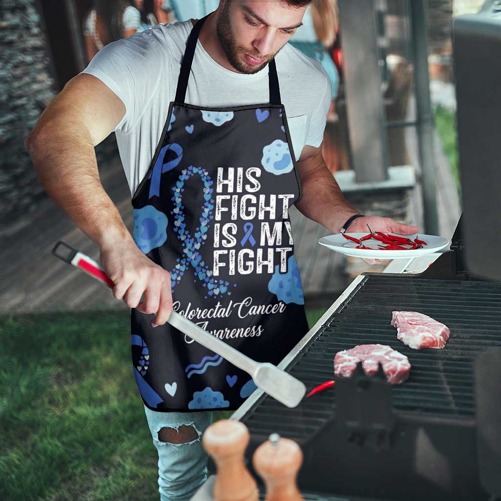His Fight Is My Fight Colorectal Cancer Awareness Apron Blue Ribbon Heart Pattern Illustration
