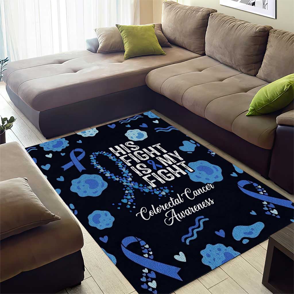 His Fight Is My Fight Colorectal Cancer Awareness Area Rug Blue Ribbon Heart Pattern Illustration